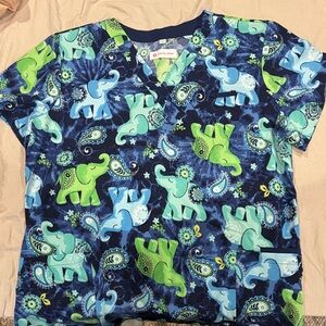 White Cross Blue and Green Elephant Scrub Top